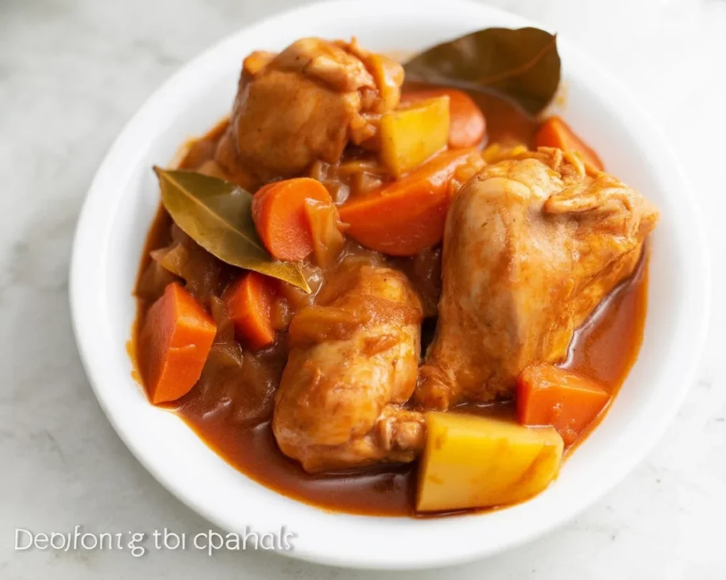 Filipino Chicken Afritada with tomatoes, carrots, and bell peppers in a stew.