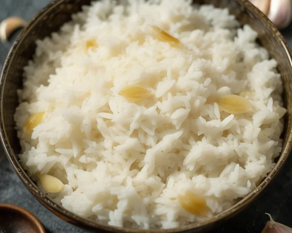 Filipino Garlic Fried Rice (Sinangag) garnished with crispy garlic and herbs.