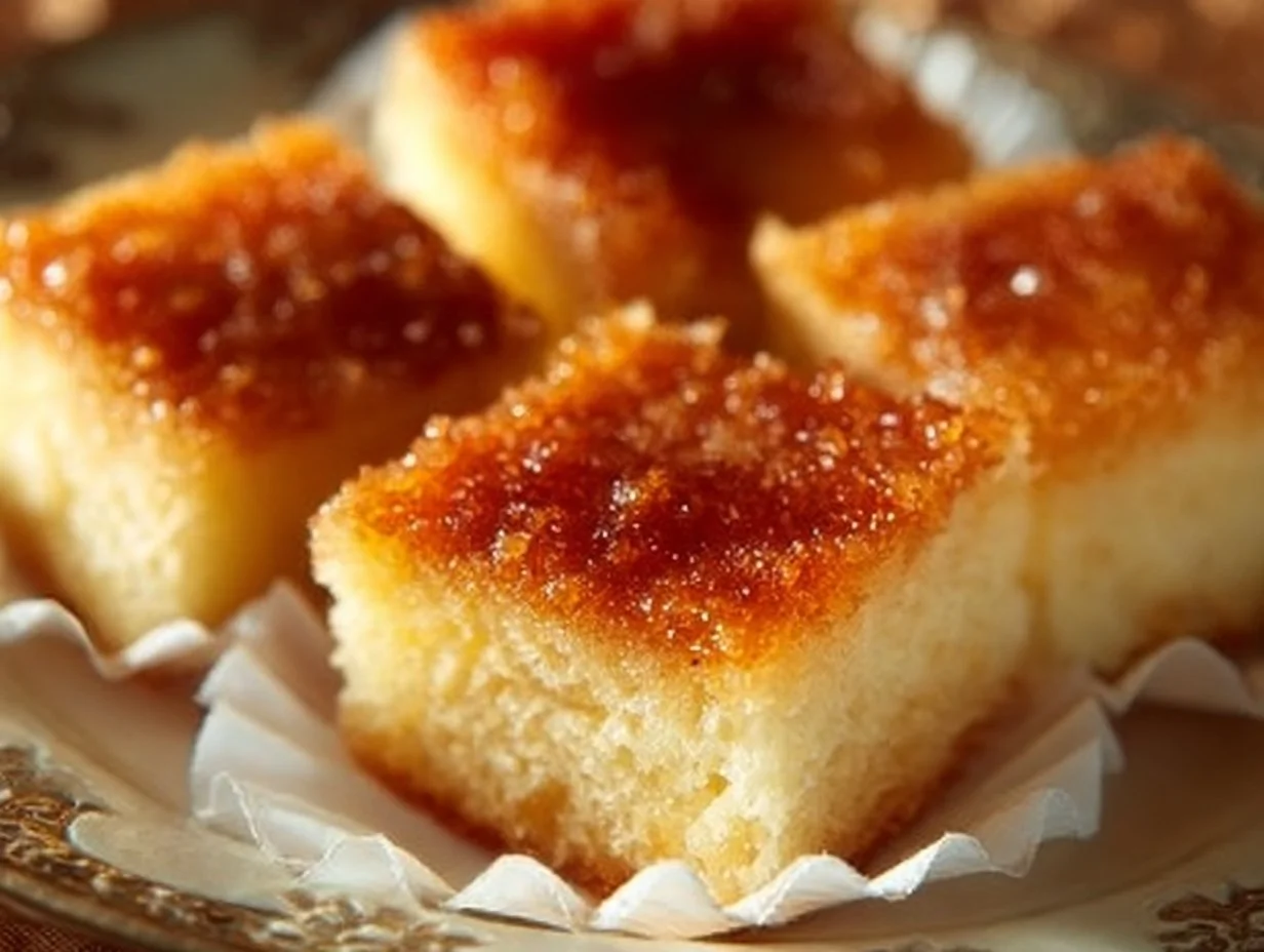 Homemade Filipino Cassava Cake topped with coconut and served on a plate.