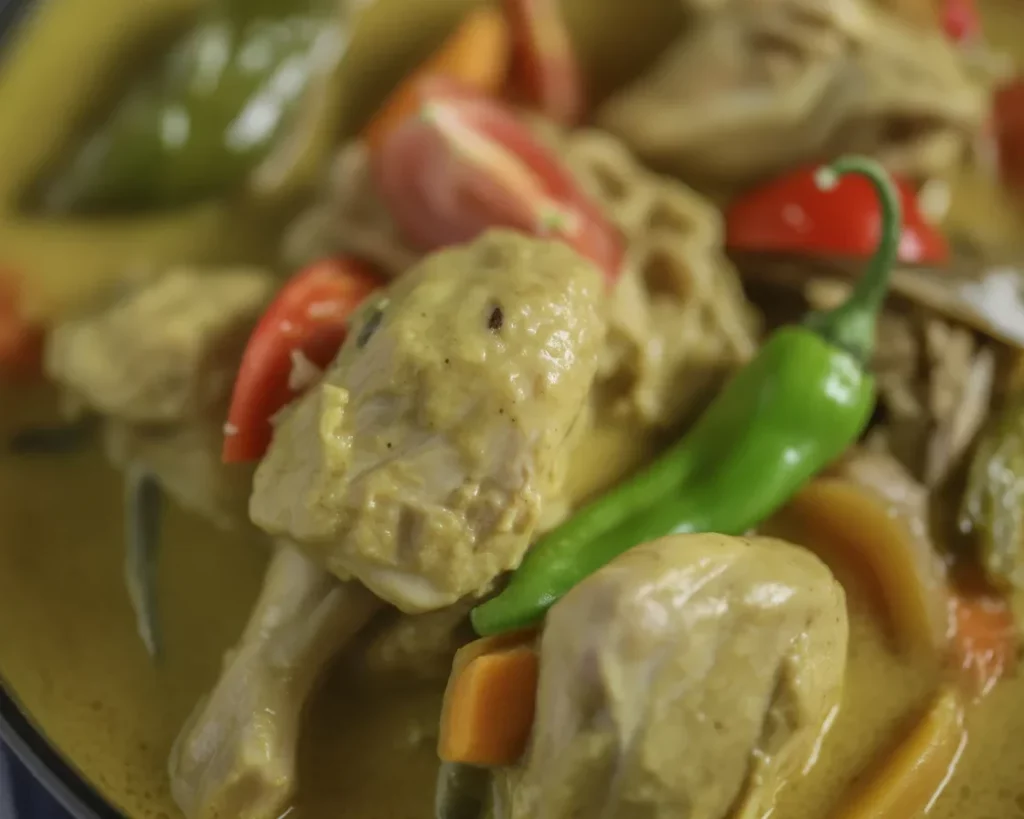 Delicious Filipino Chicken Curry with coconut milk and fresh vegetables served in a bowl.