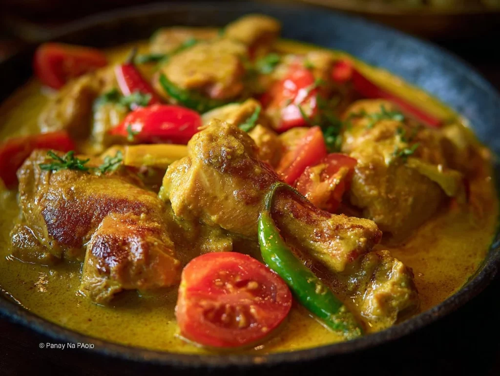 Delicious Filipino chicken curry served in a bowl with rice and vegetables