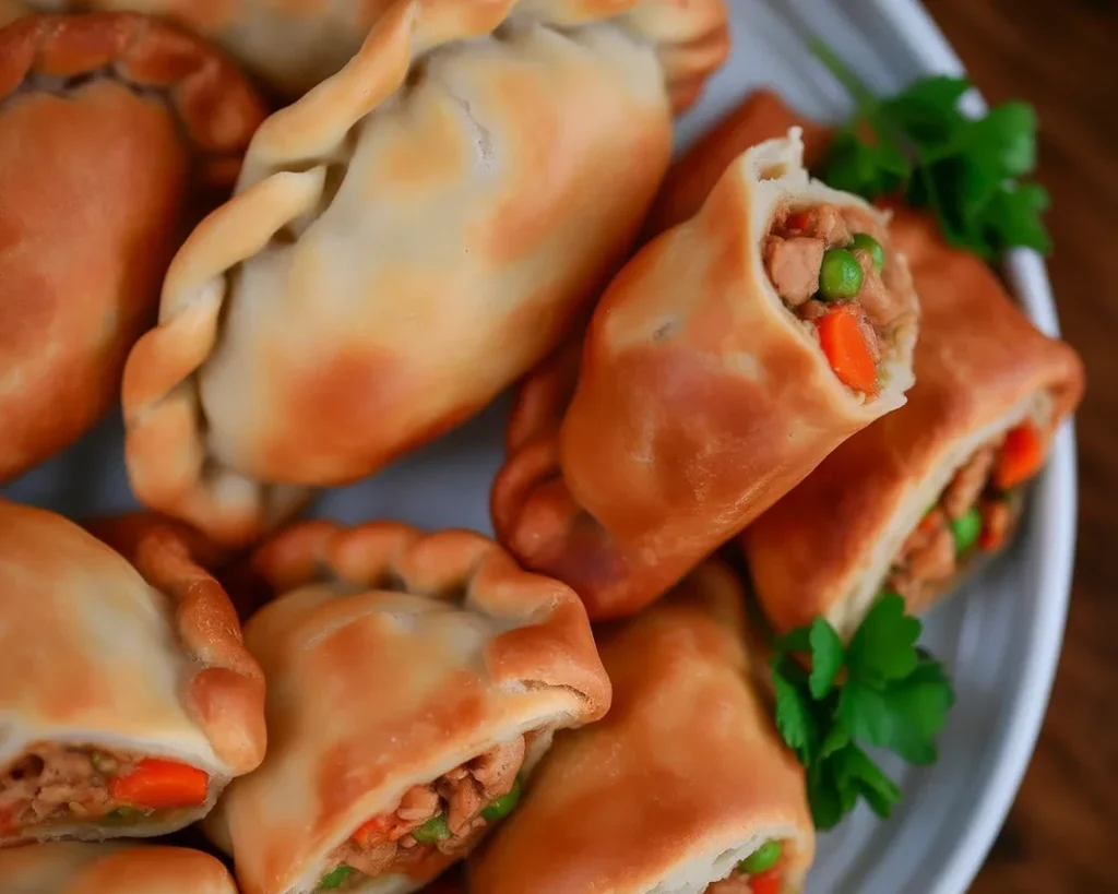 Delicious Filipino chicken empanada with flaky pastry and savory filling of chicken and vegetables