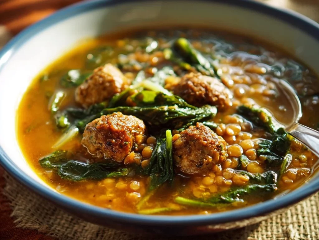 Delicious Filipino style lentil soup garnished with fresh herbs