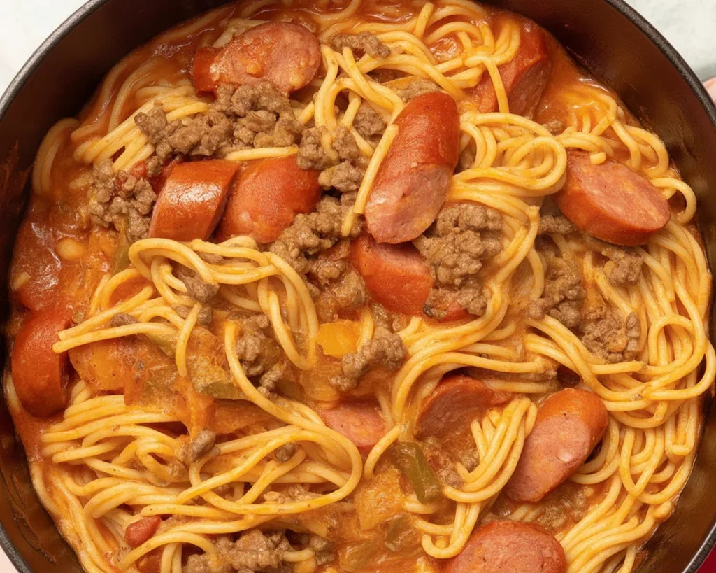 A plate of Filipino spaghetti with sweet sauce, ground beef, and hot dogs, served with cheese.