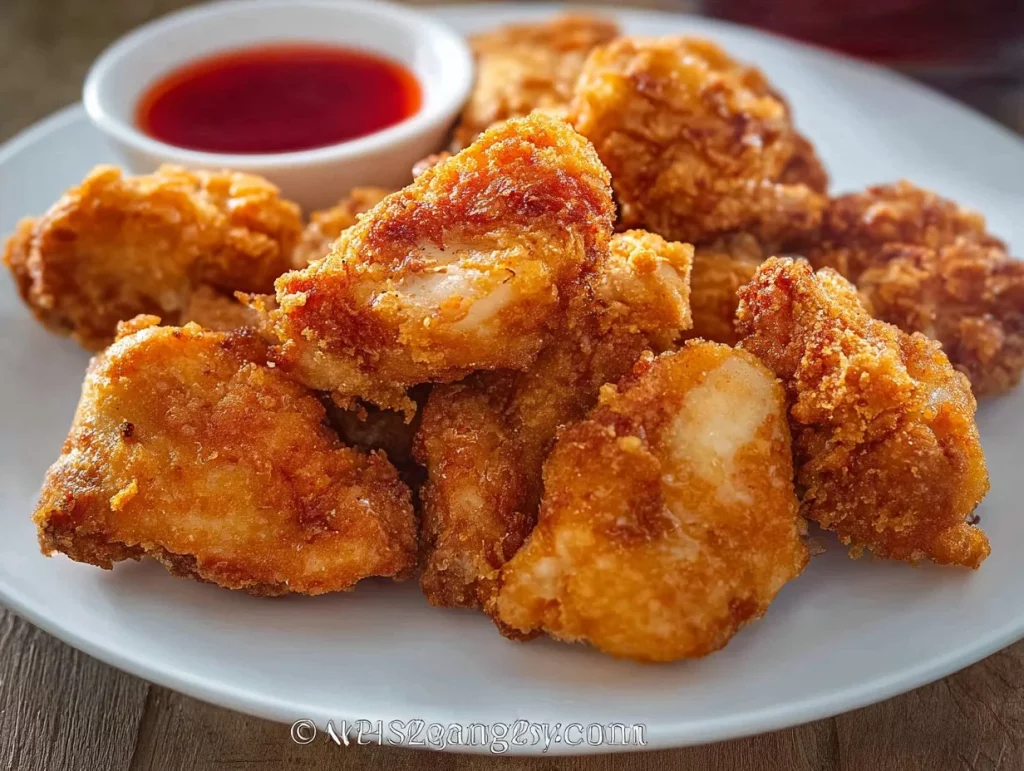 A plate of crispy Filipino Fried Chicken served with traditional sides