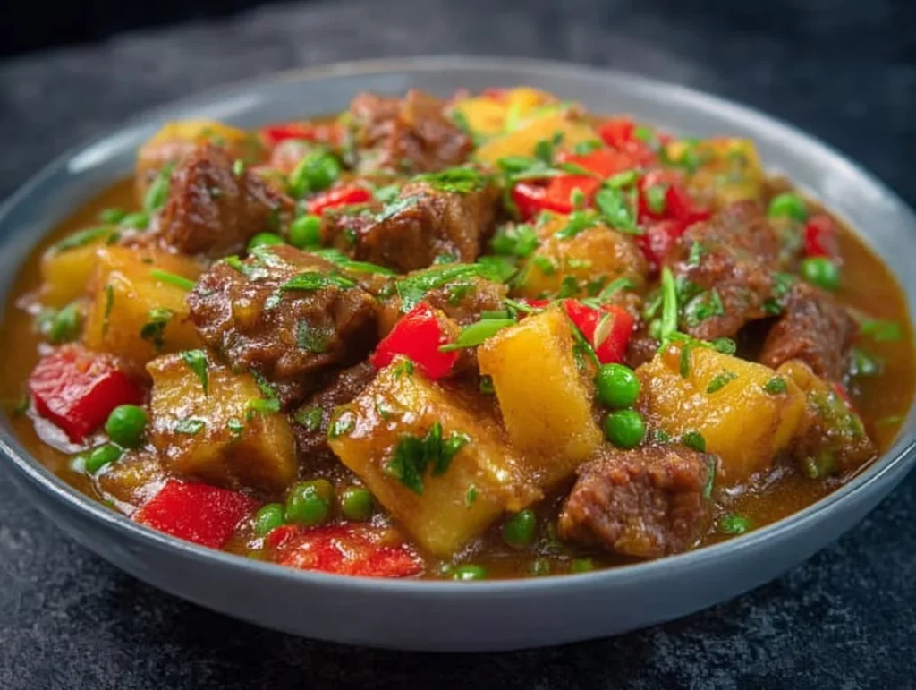 Bowl of Filipino style pork and chicken curry with vegetables and spices