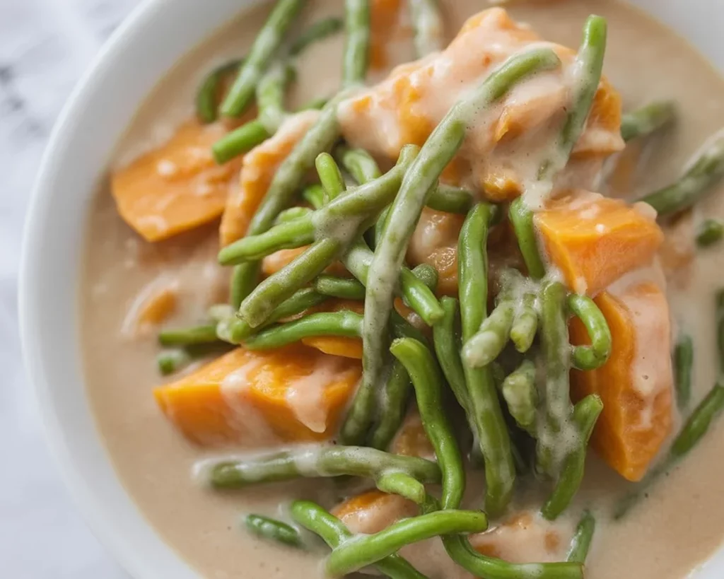 Filipino Ginataang Kalabasa at Sitaw with squash and string beans in coconut milk