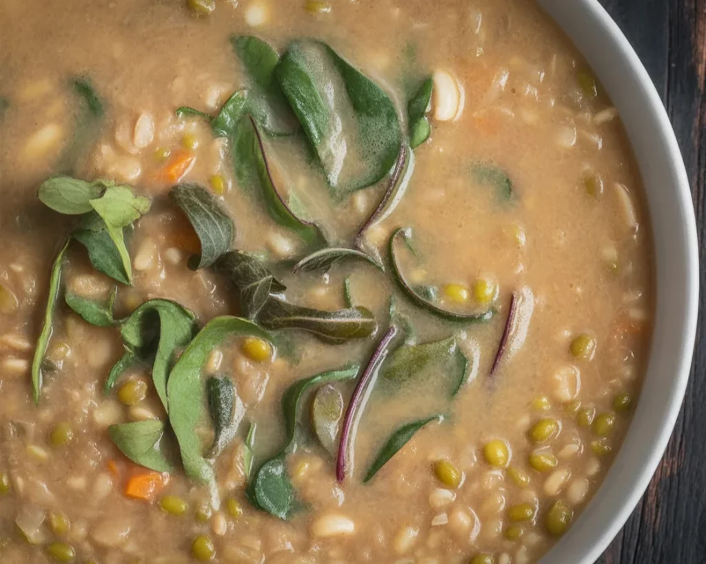Bowl of Ginisang Monggo, a savory Filipino mung bean soup with vegetables.