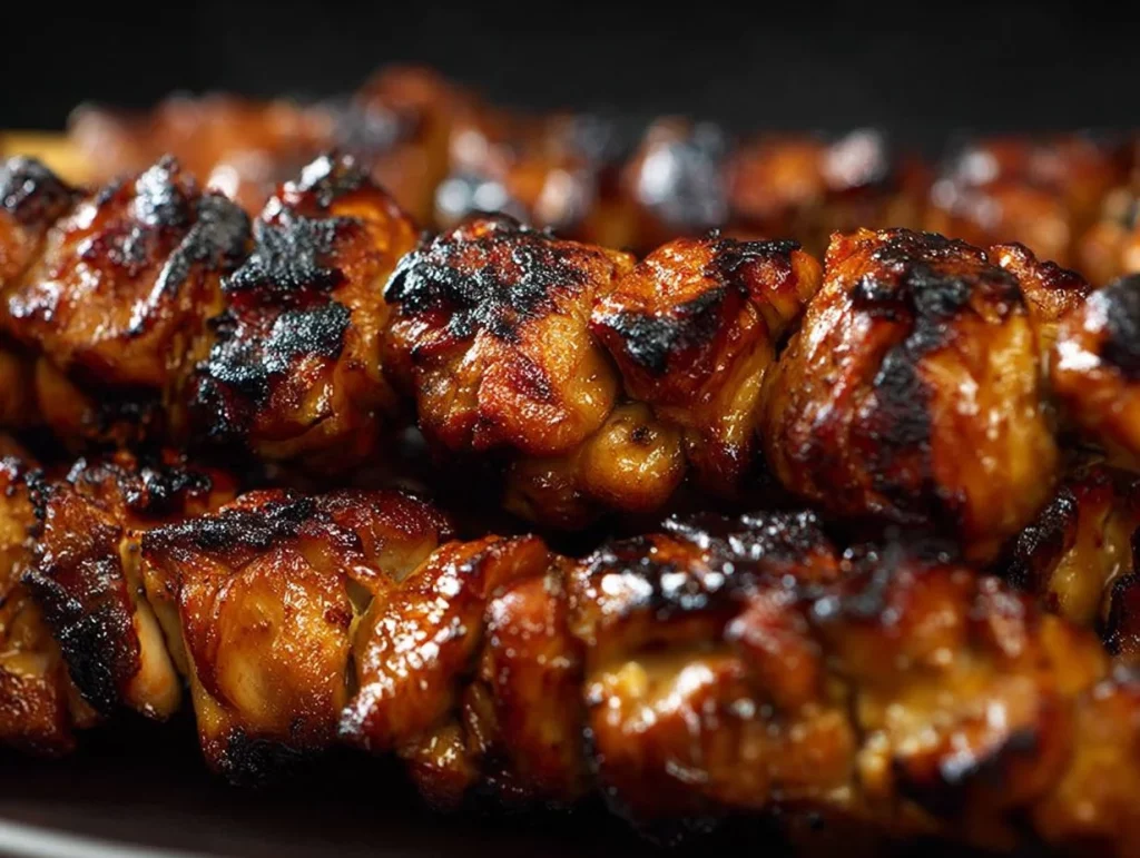 Grilled Filipino Chicken Kebabs served on a plate with vegetables