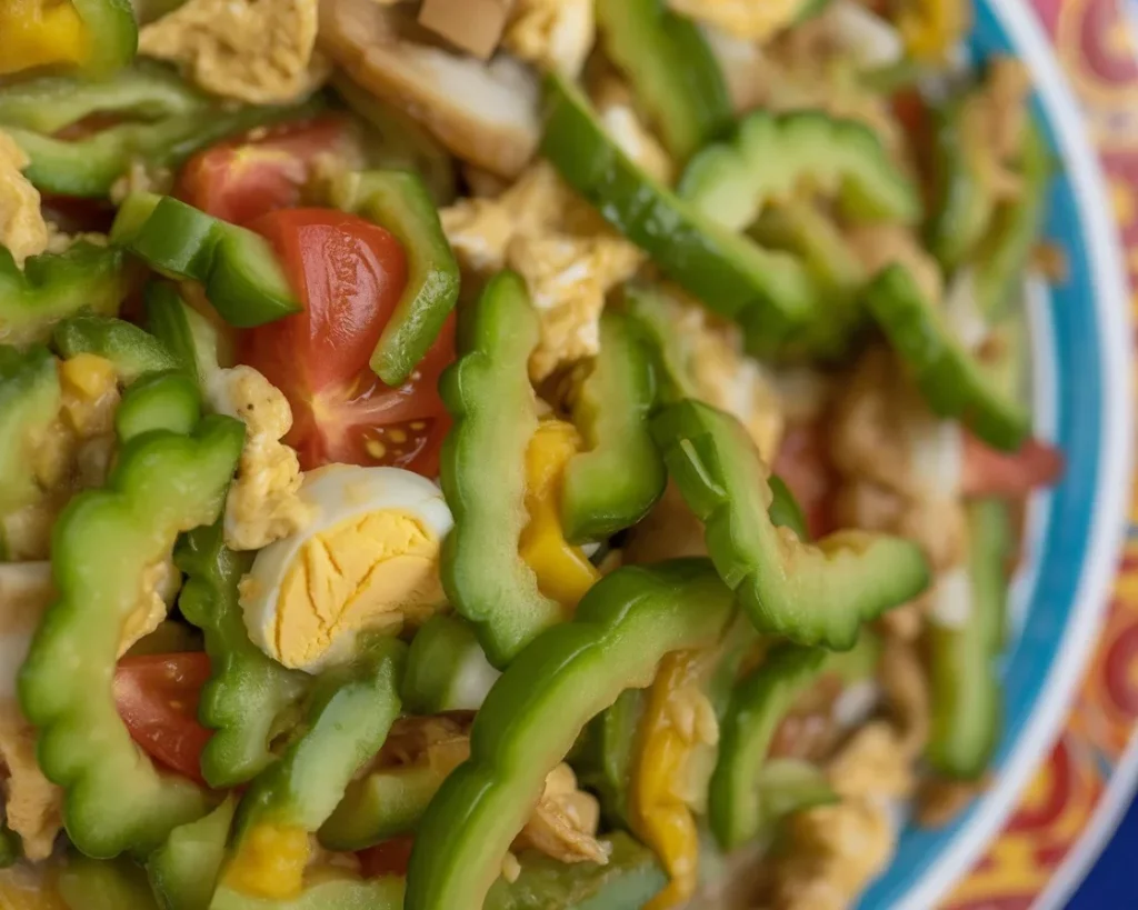 Delicious Ginisang Ampalaya with Egg served on a plate with vegetables.