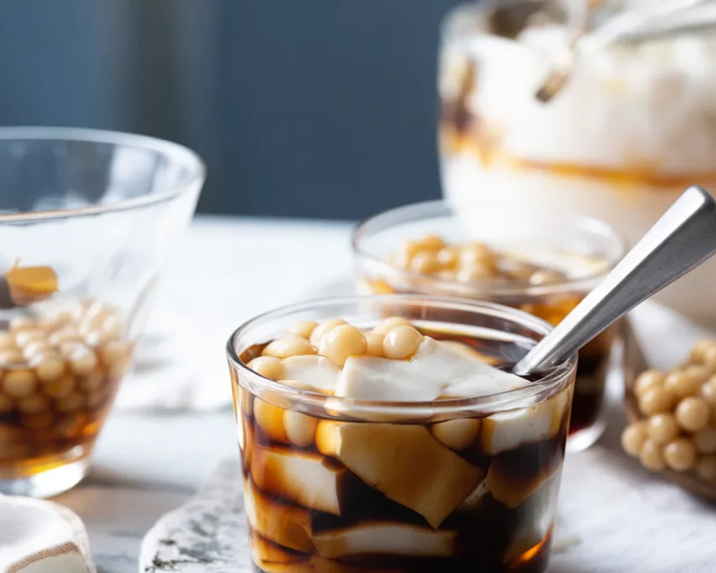 Delicious Taho dessert with silken tofu, sago pearls, and brown sugar syrup in a glass.