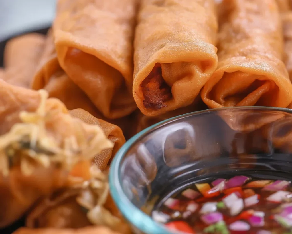 Crispy Lumpiang Togue filled with mung bean sprouts and vegetables, a popular Filipino spring roll.