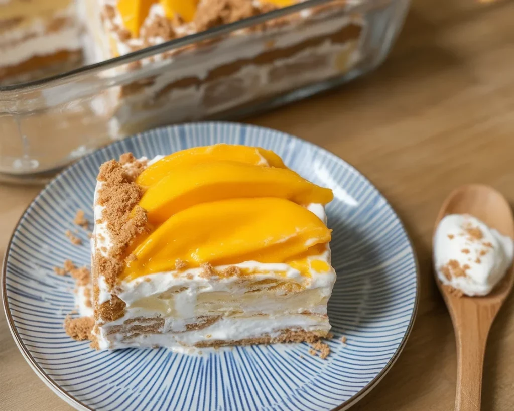 Filipino Mango Float dessert with layers of graham crackers and fresh mangoes