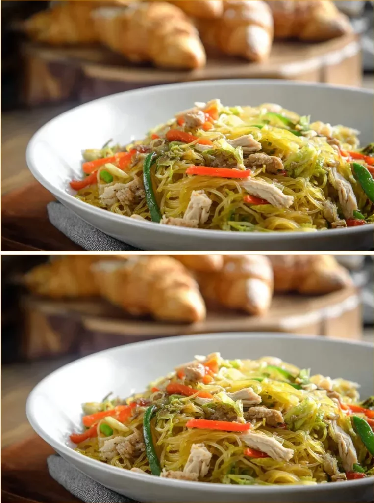 Bowl of delicious Pancit Langlang stir-fried noodles with vegetables