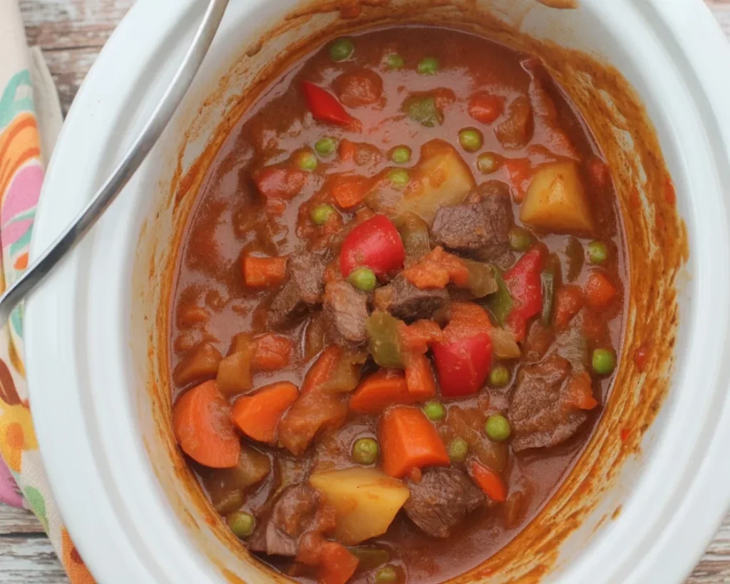 A bowl of Filipino Crockpot Beef Caldereta served with rice