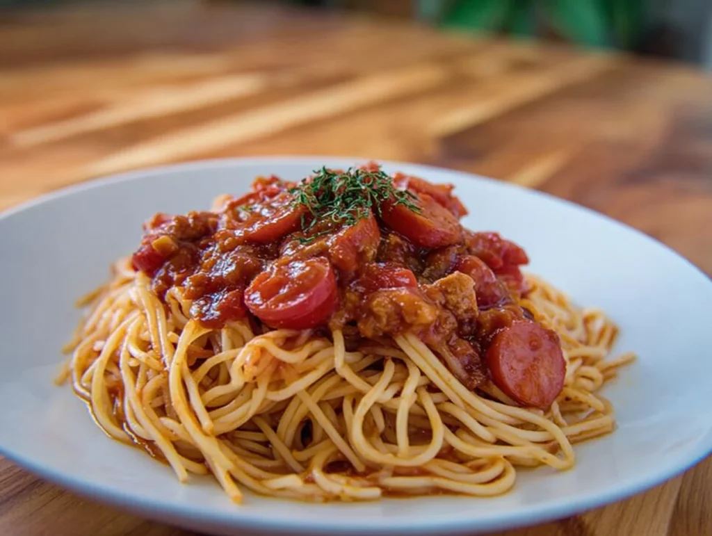 Delicious spaghetti with rich meat sauce topped with fresh herbs