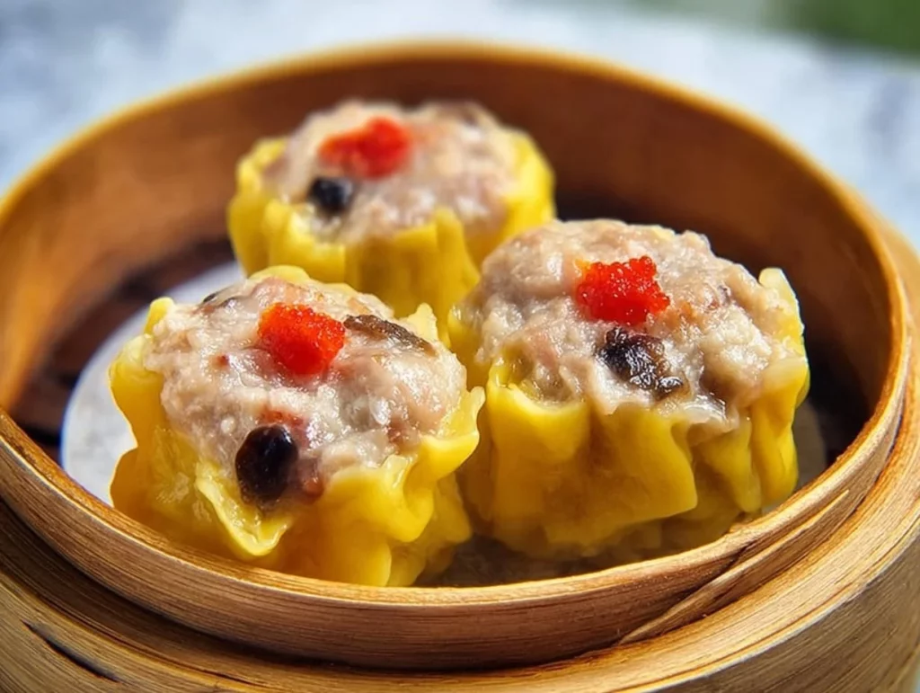 A plate of steamed pork and shrimp wontons garnished with herbs.