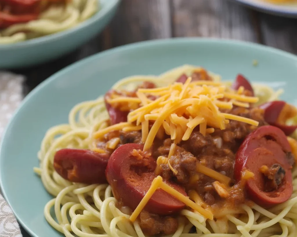Filipino Style Spaghetti with ground beef, hot dogs, and sweet tomato sauce
