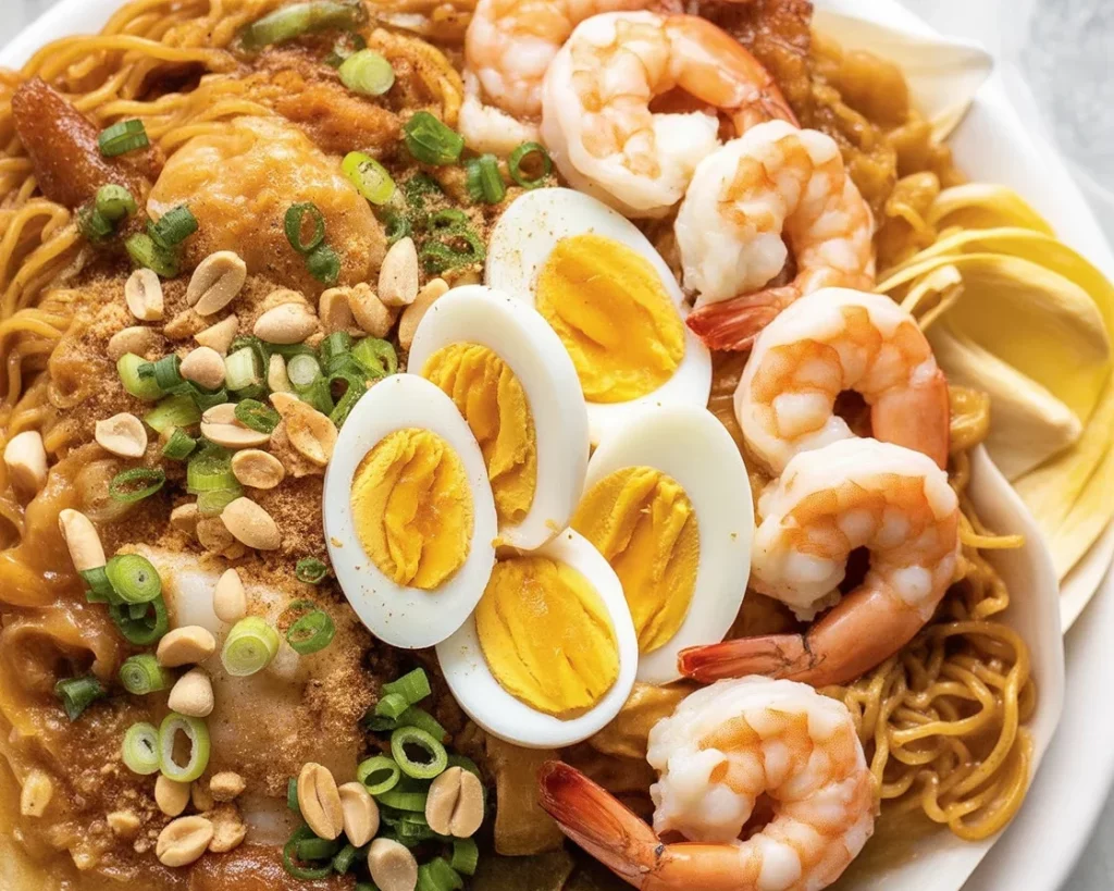 Delicious Pancit Palabok with shrimp sauce, pork, and assorted toppings.