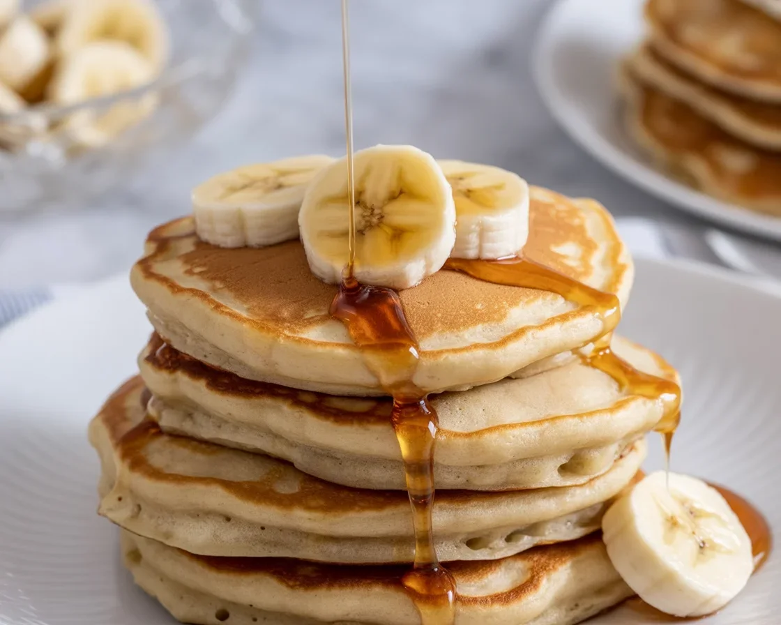Fluffy homemade banana pancakes topped with syrup and sliced bananas.