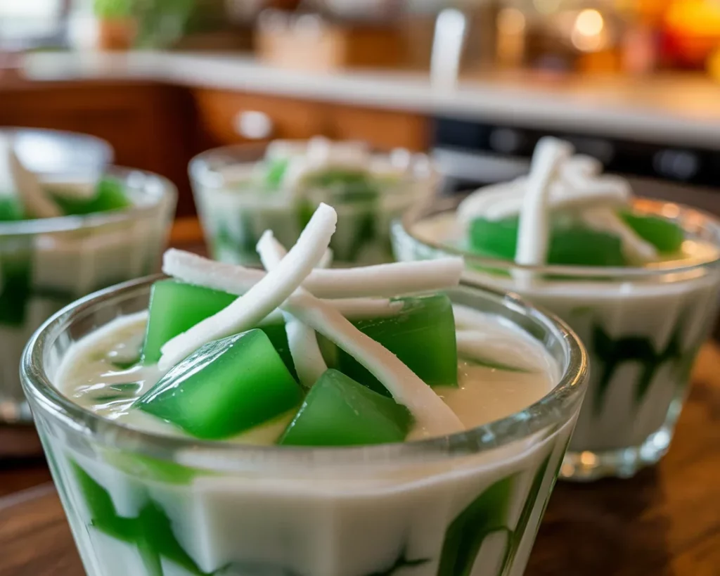 Delicious Buko Pandan Cups with pandan jelly and young coconut cream