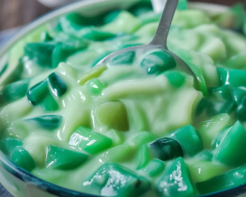 Buko Pandan Salad featuring young coconut, pandan jelly, and mix-ins in a creamy sauce