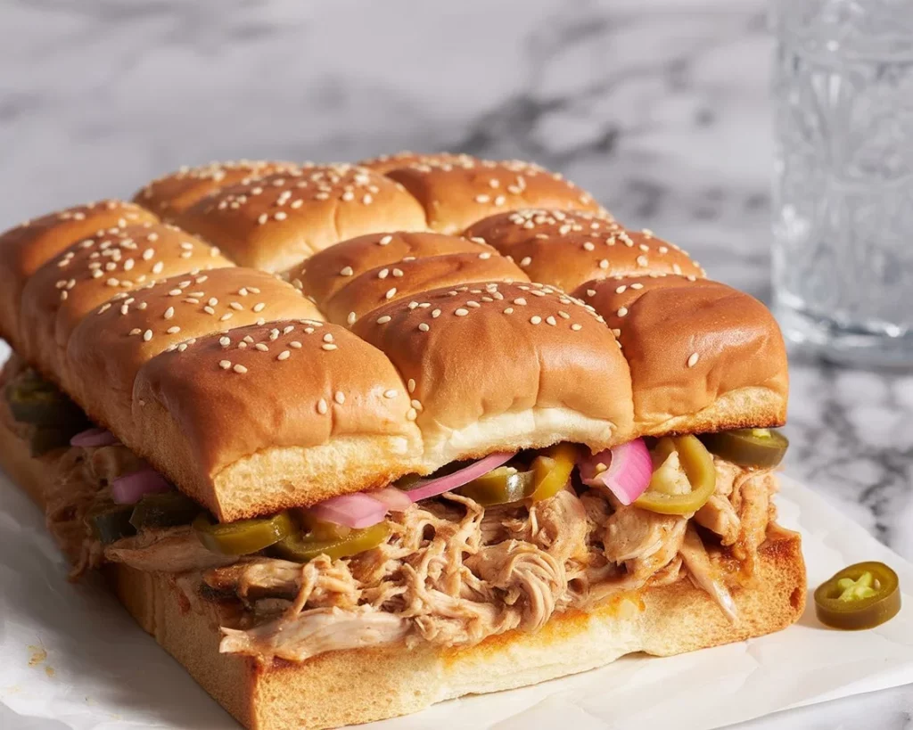 Plate of Chicken Adobo Sliders with pickled onions and kewpie mayo on toasted buns.