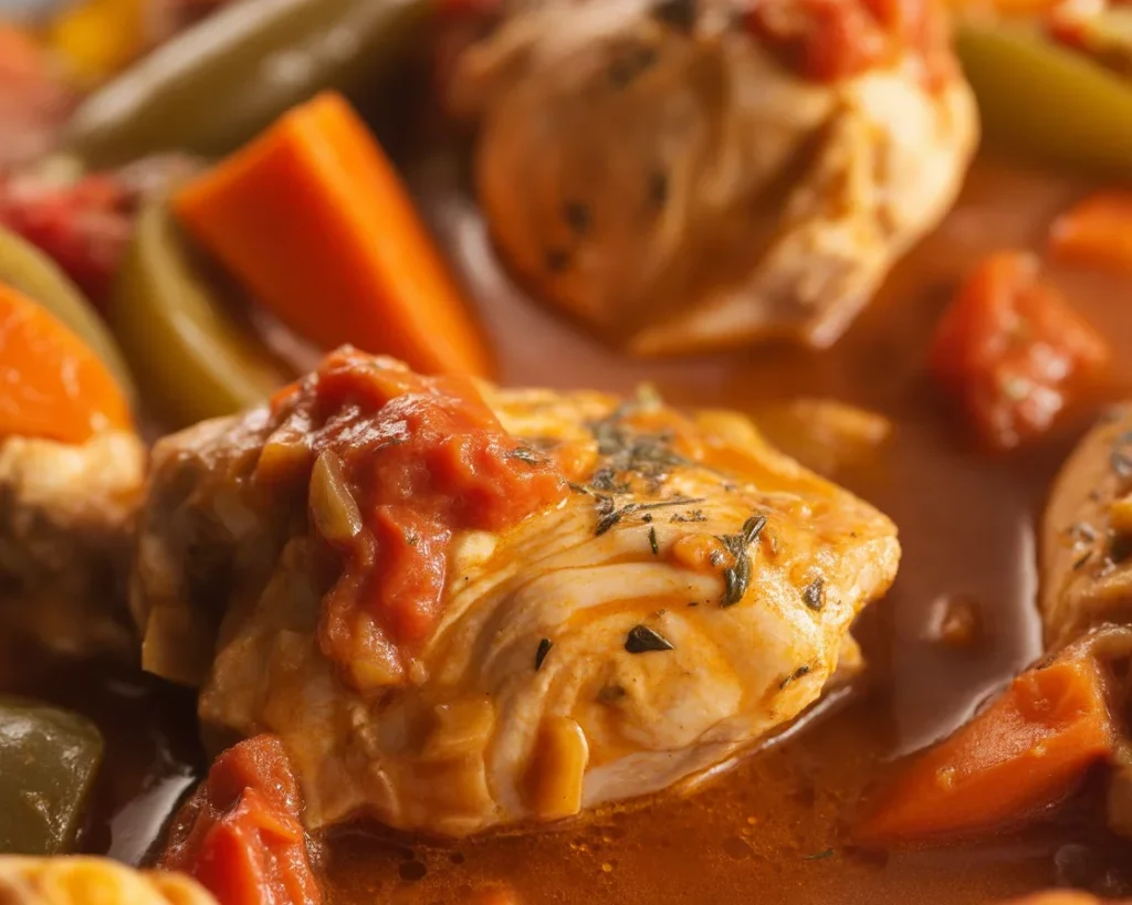 A delicious serving of Chicken Afritada, a Filipino chicken stew with tomato sauce, potatoes, and bell peppers.