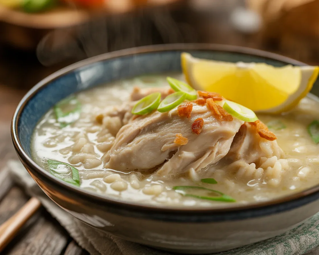 Bowl of Chicken Arroz Caldo, a flavorful Filipino rice porridge with chicken and spices.