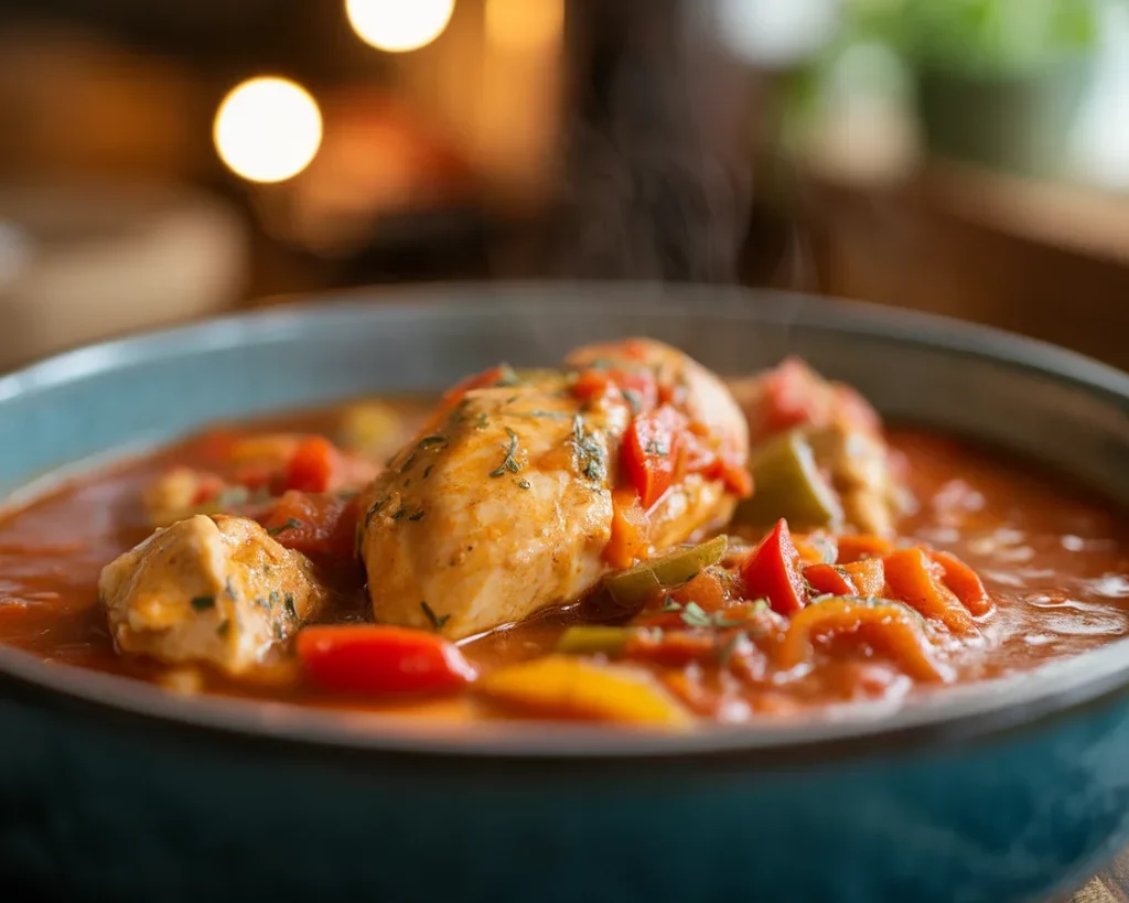 Delicious Chicken Caldereta stew with chicken, potatoes, and bell peppers in tomato sauce.