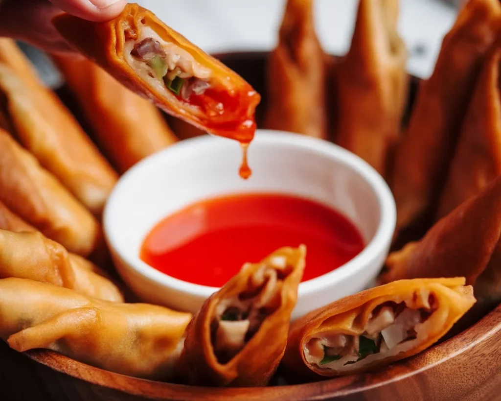 Crispy Filipino Lumpiang Shanghai Chicken spring rolls filled with ground chicken and vegetables
