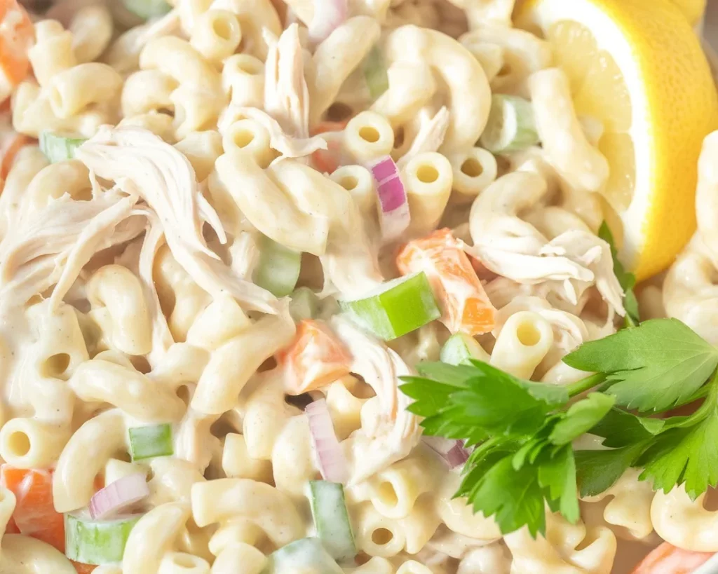 Delicious Chicken Macaroni Salad with creamy dressing and fresh vegetables.