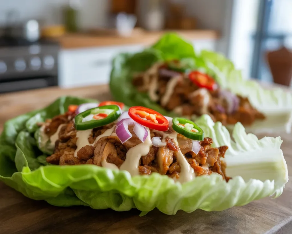 Delicious Chicken Sisig Lettuce Wraps garnished with green onions in lettuce cups