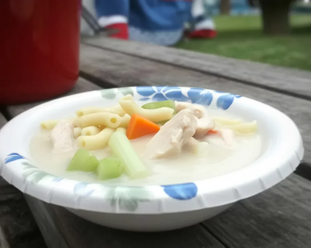 Bowl of Chicken Sopas, a Filipino chicken macaroni soup with creamy broth and tender chicken.