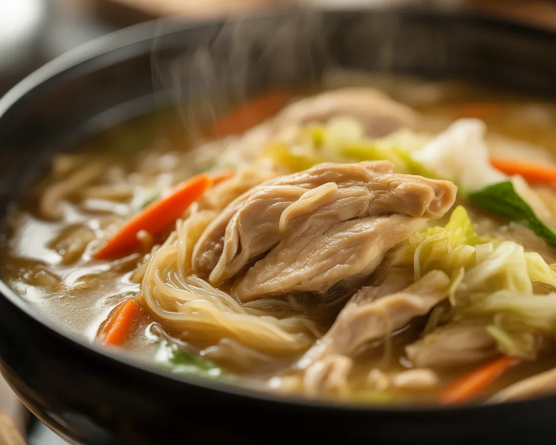 Bowl of Chicken Sotanghon Soup with shredded chicken, vermicelli noodles, and vegetables in broth.