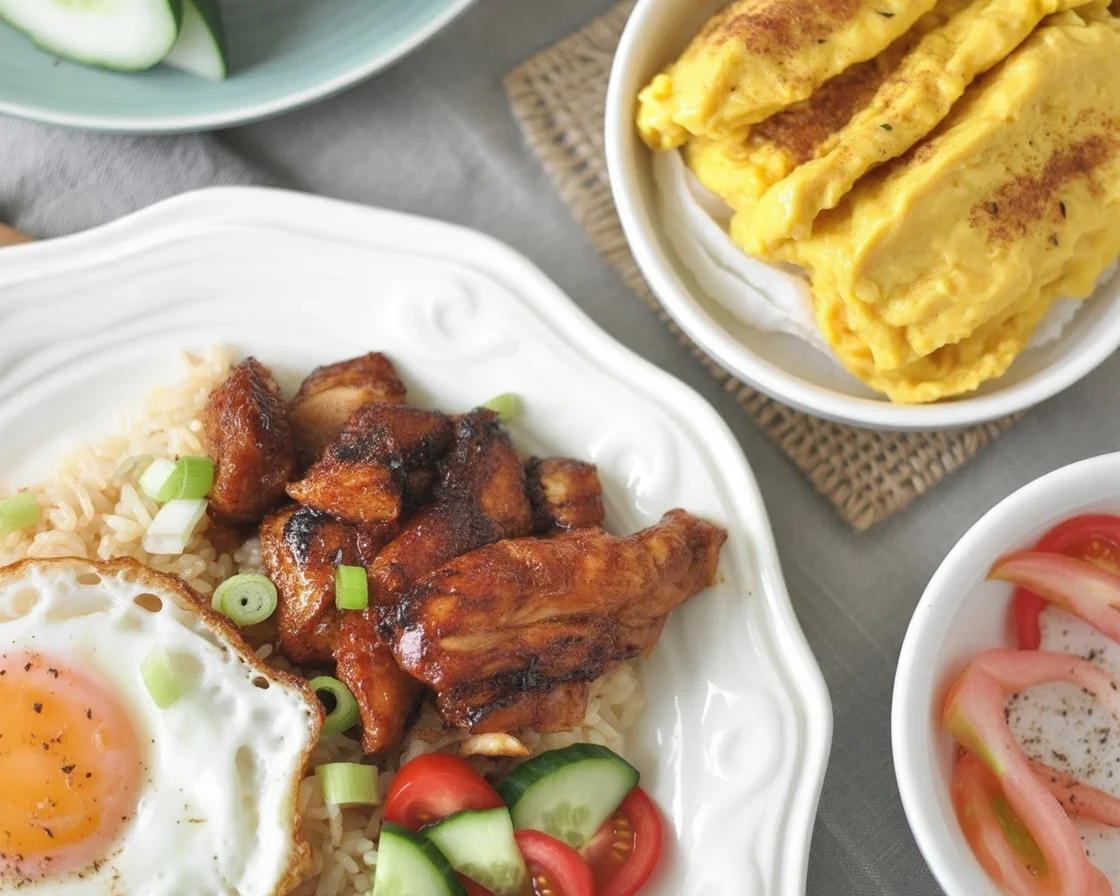 Chicken Tocino Rice Bowl with garlic fried rice and egg, showcasing the savory Filipino dish.