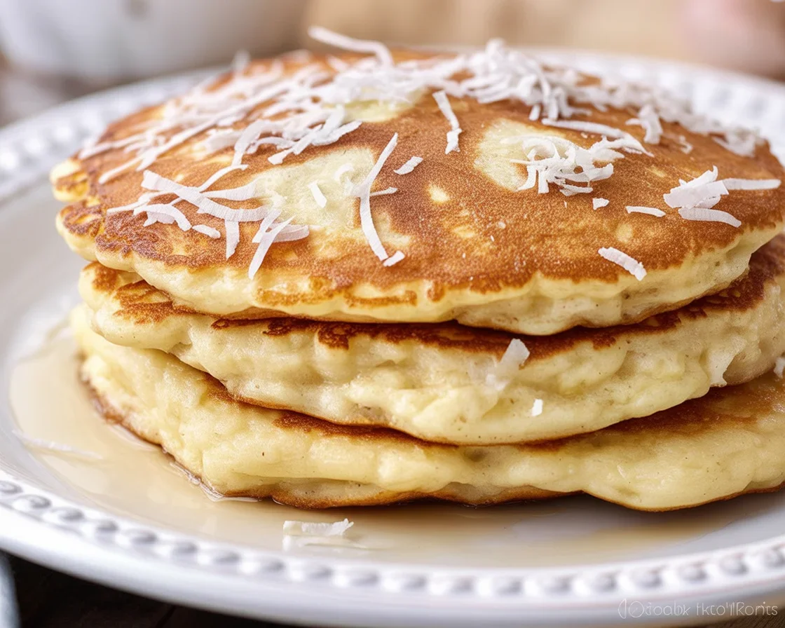 Fluffy Coconut Pancakes topped with fresh berries and syrup on a breakfast plate.