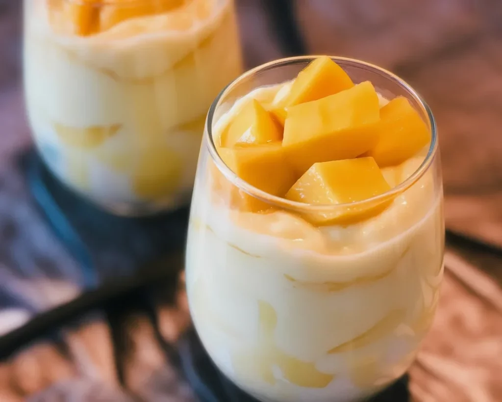 Creamy Mango Sago Snack Cups with tapioca and coconut milk.