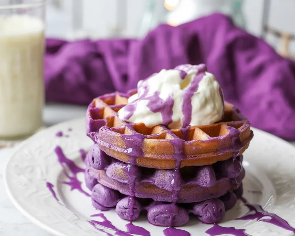 Delicious Ube Waffles with a crispy exterior and mochi-like chewy center, perfect for brunch.