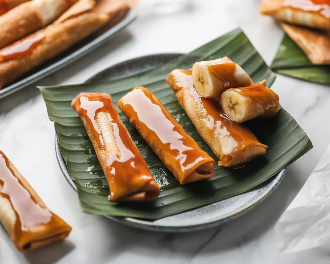 Filipino Banana Turon Snack - crispy spring rolls filled with sweet bananas and caramel