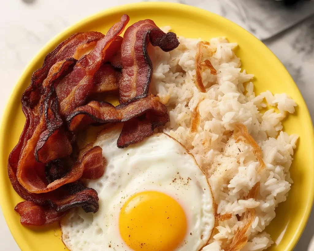 Delicious Filipino Breakfast Bowl with garlic fried rice, eggs, and savory toppings.
