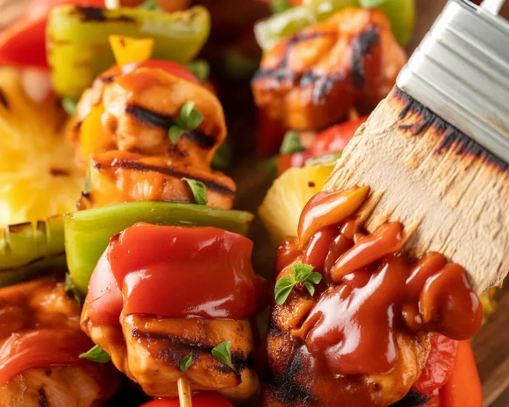 Grilled Chicken BBQ Skewers marinated and served with vibrant vegetables.