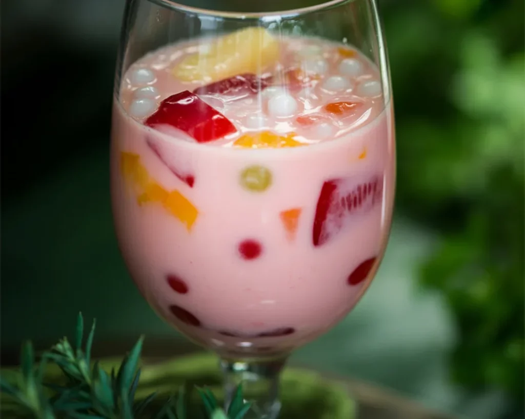 A glass of refreshing Filipino Fruit Punch with vibrant fruits and ice.