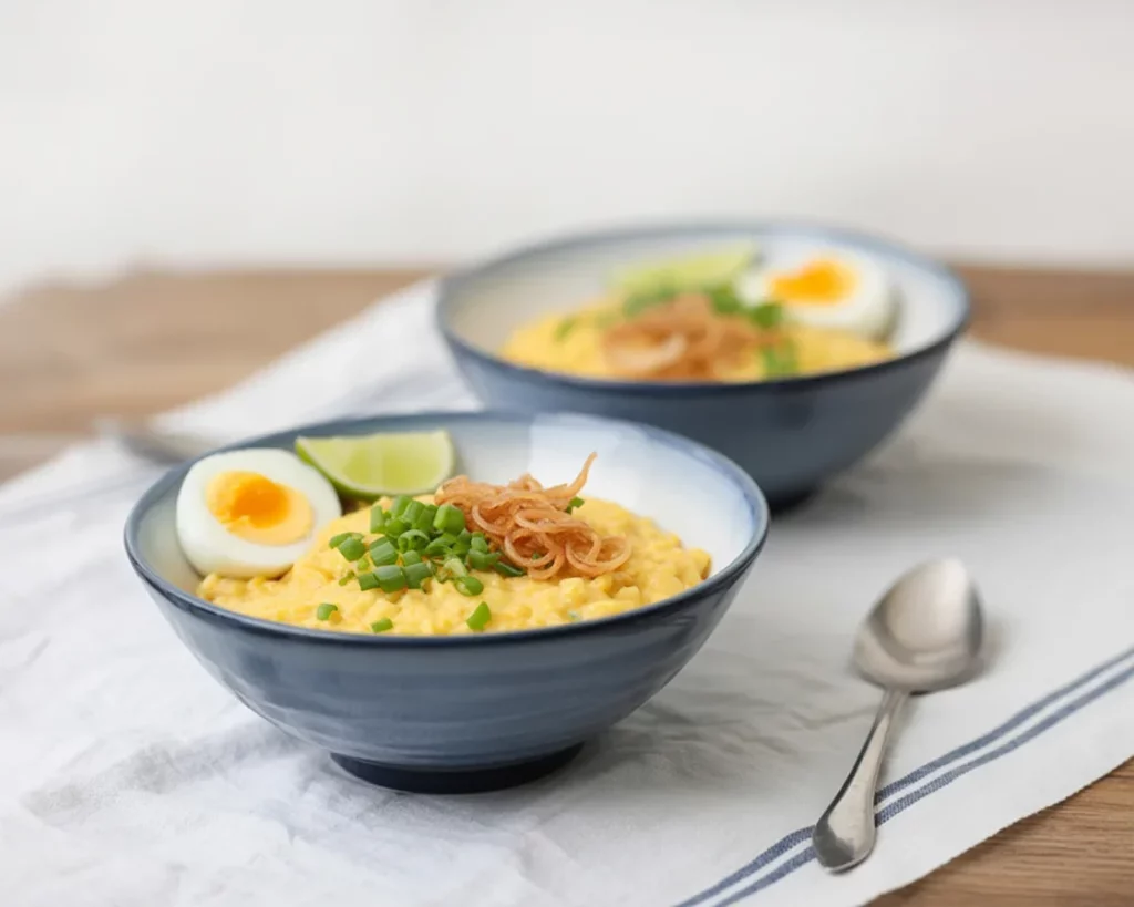 Delicious Filipino Oatmeal Bowl topped with eggs and green onions