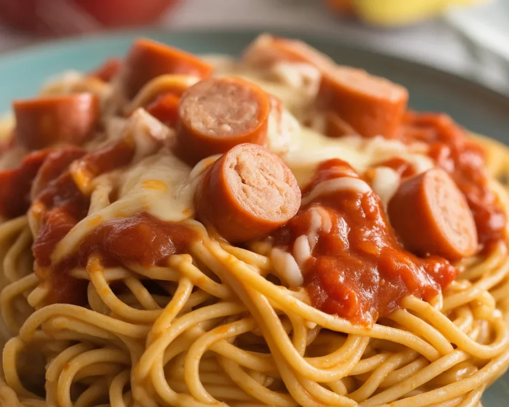 Delicious plate of Filipino Spaghetti topped with cheese and hot dogs.