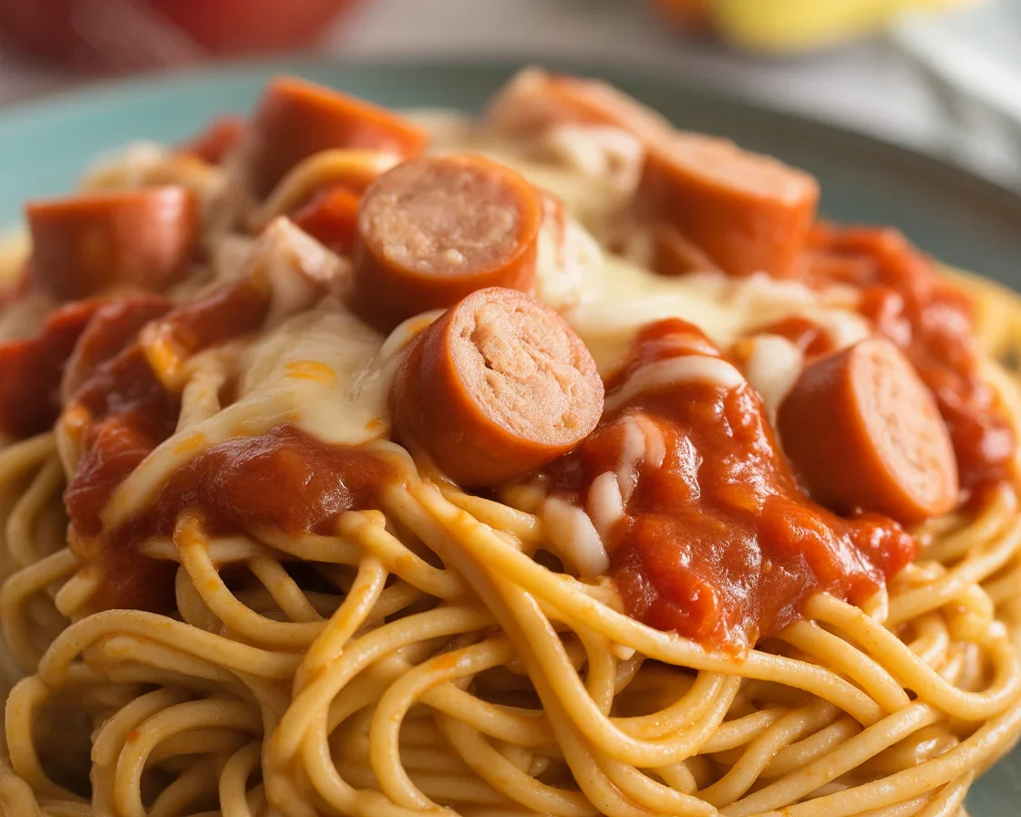 Delicious plate of Filipino Spaghetti topped with cheese and hot dogs.