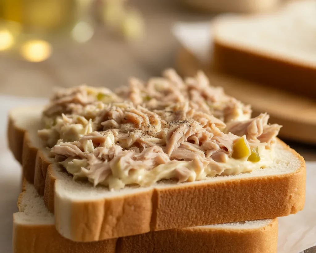 Delicious Tuna Sandwich Spread on fresh bread, perfect for lunch or snacks.