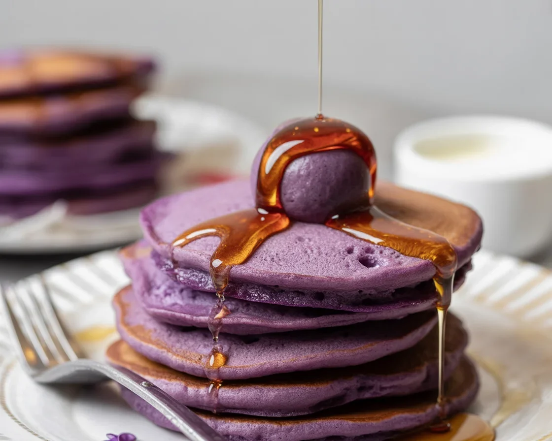 Fluffy Ube pancakes topped with ube syrup and fresh fruit, showcasing its vibrant purple color.