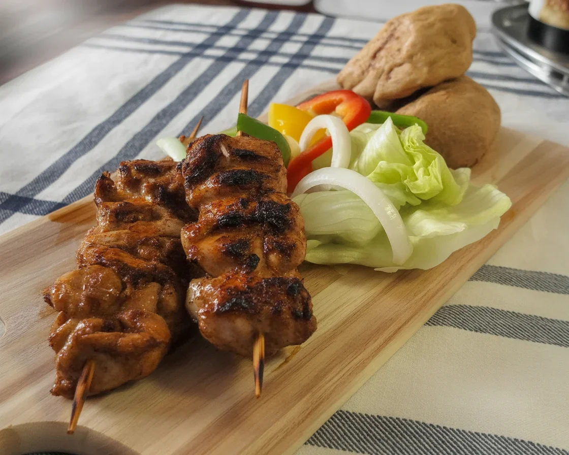 Delicious Chicken Tocino Skewers grilled and served with a tangy salsa.