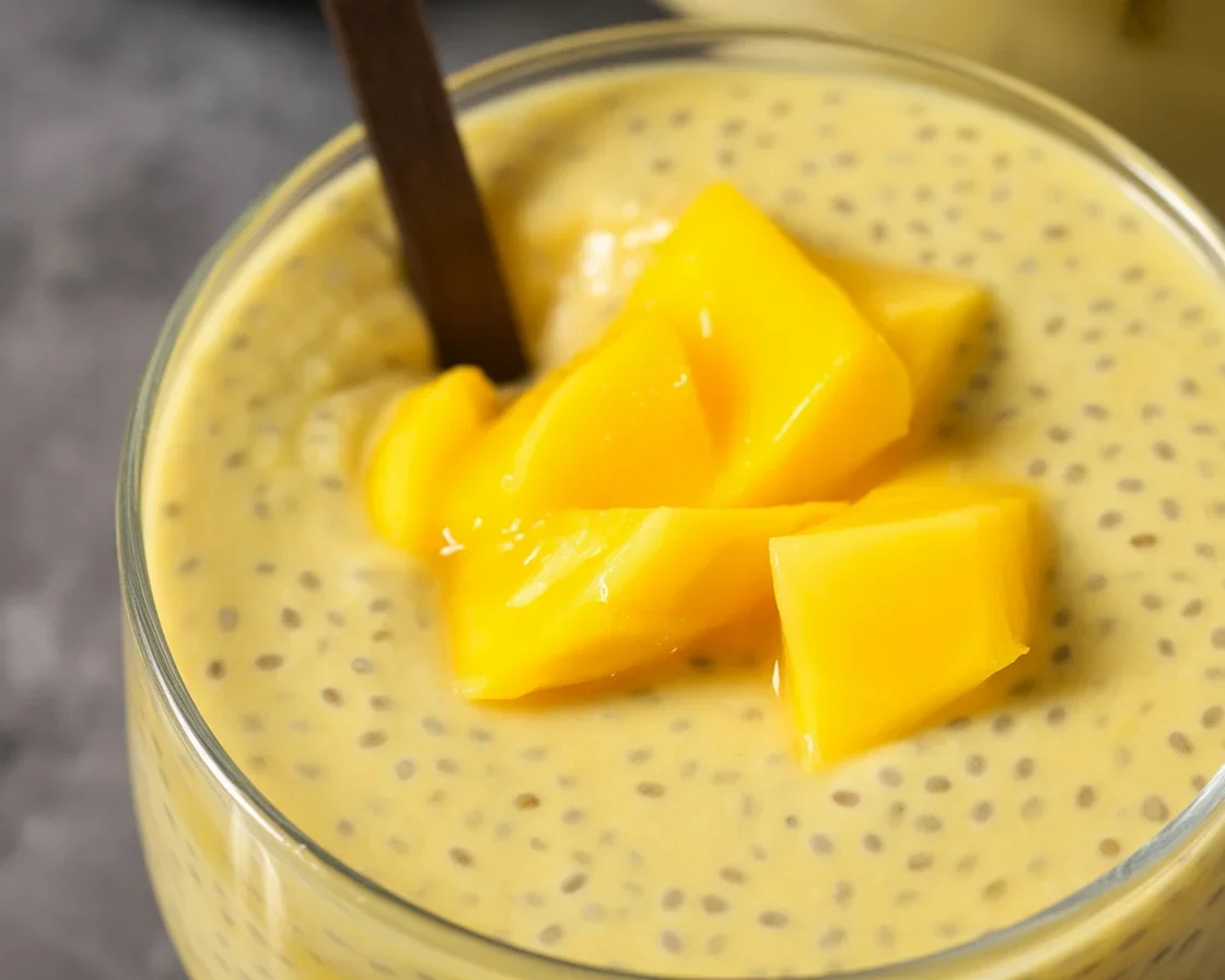Creamy Mango Chia Pudding served in a bowl topped with fresh mango slices and chia seeds.
